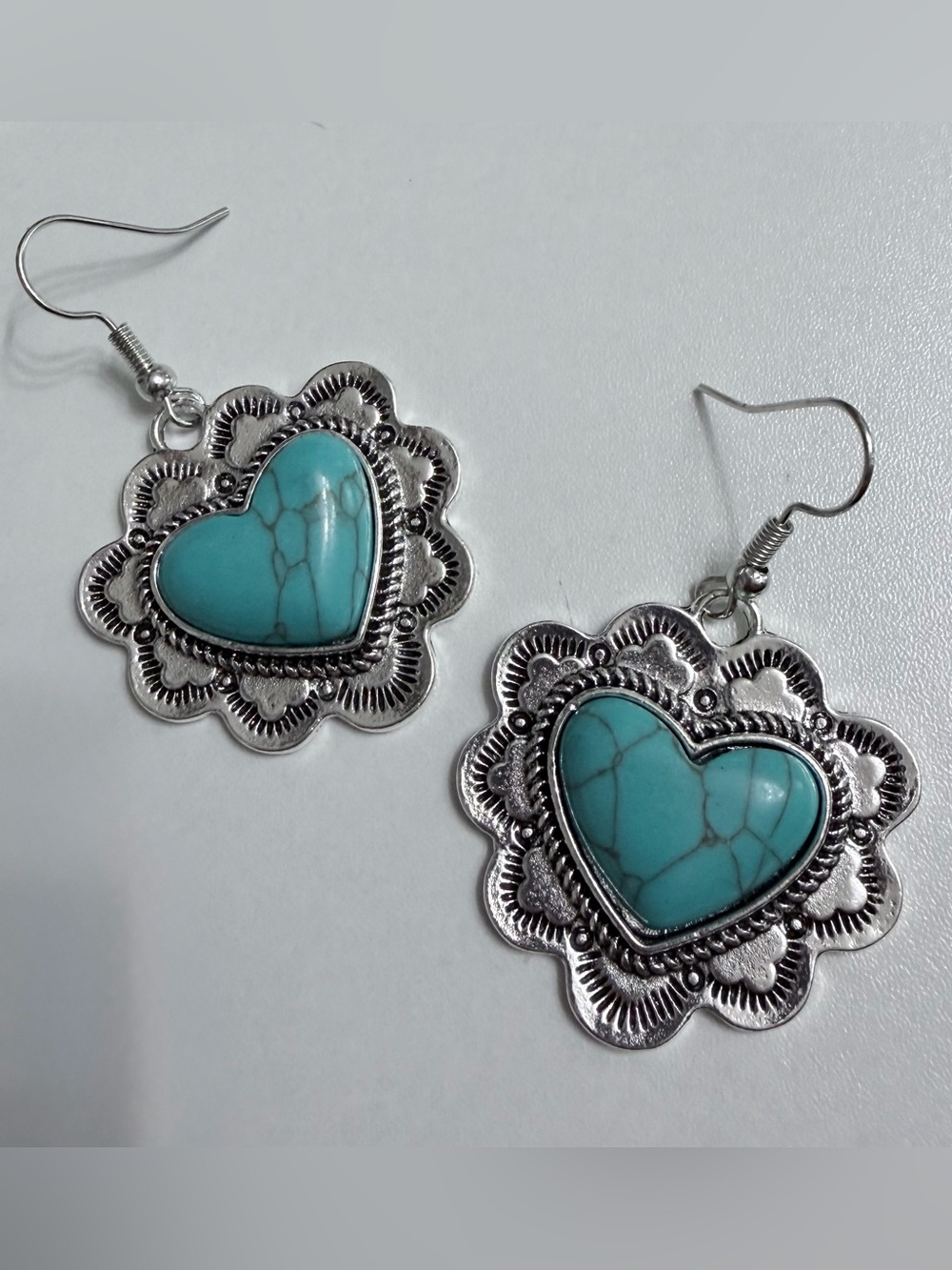 Turquoise Heart Silver Floral Drop Earrings - Western Earrings Bohemian Earrings